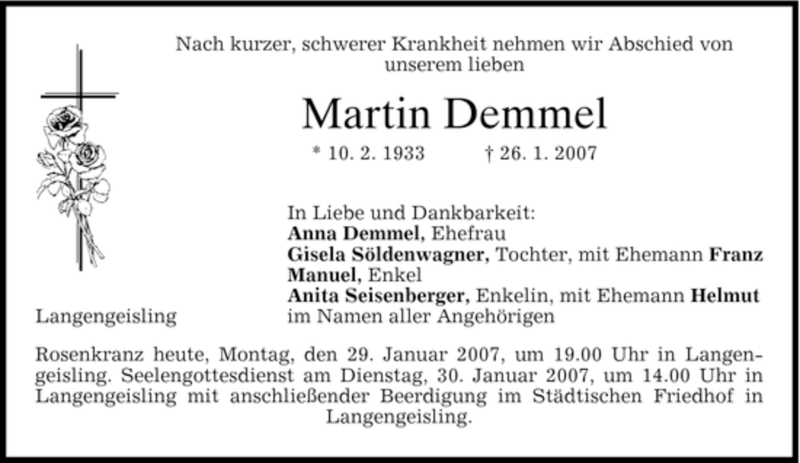 Traueranzeigen Von Martin Demmel 