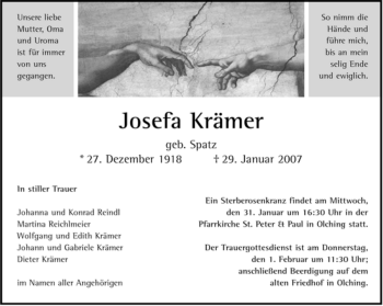 Traueranzeige von Josefa Krämer von MERKUR & TZ