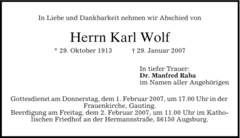 Traueranzeige von Karl Wolf von DORFENER NACHRICHTEN