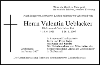 Traueranzeige von Valentin Ueblacker von MERKUR & TZ