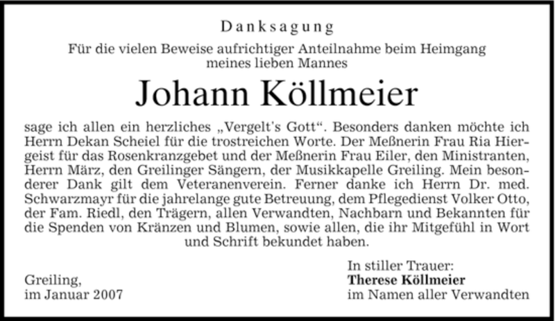  Traueranzeige für Johann Köllmeier vom 03.02.2007 aus MERKUR & TZ