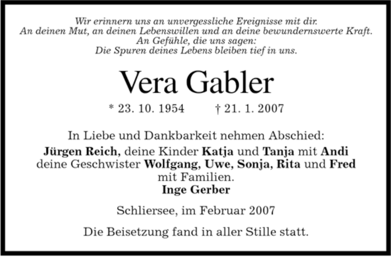  Traueranzeige für Vera Gabler vom 03.02.2007 aus MERKUR & TZ