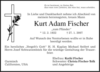 Traueranzeige von Kurt Adam Fischer von MERKUR & TZ