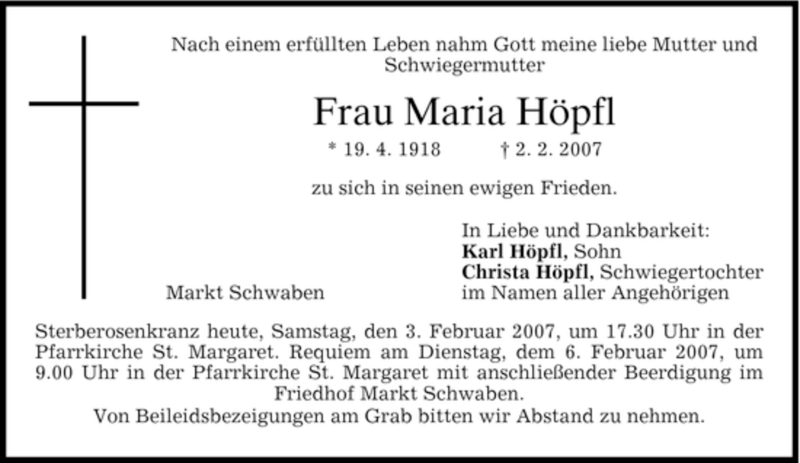  Traueranzeige für Maria Höpfl vom 03.02.2007 aus MERKUR & TZ
