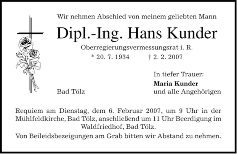  Traueranzeige für Hans Kunder vom 03.02.2007 aus MERKUR & TZ