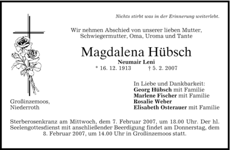  Traueranzeige für Magdalena Hübsch vom 06.02.2007 aus HOLZKIRCHENER MERKUR