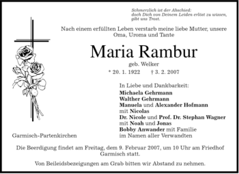 Traueranzeige von Maria Rambur von MERKUR & TZ