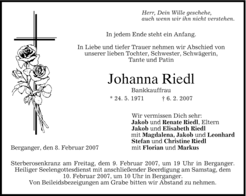  Traueranzeige für Johanna Riedl vom 08.02.2007 aus GARMISCH-PARTENK. TAGBLATT