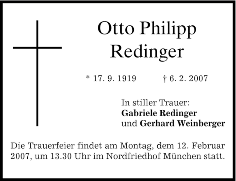  Traueranzeige für Otto Philipp Redinger vom 08.02.2007 aus DORFENER NACHRICHTEN