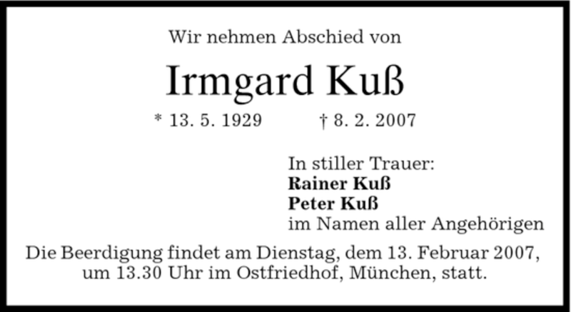  Traueranzeige für Irmgard Kuß vom 10.02.2007 aus DORFENER NACHRICHTEN