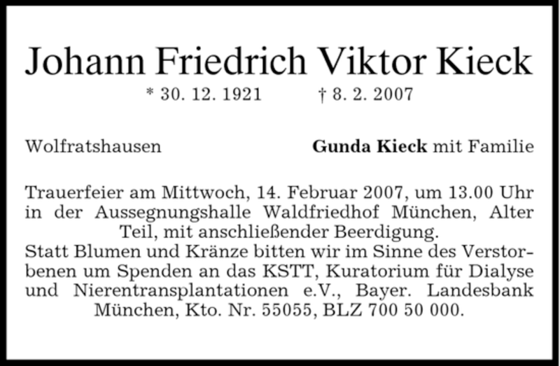  Traueranzeige für Johann Friedrich Viktor Kieck vom 10.02.2007 aus DORFENER NACHRICHTEN