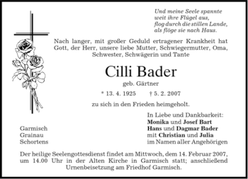 Traueranzeige von Cilli Bader von MERKUR & TZ