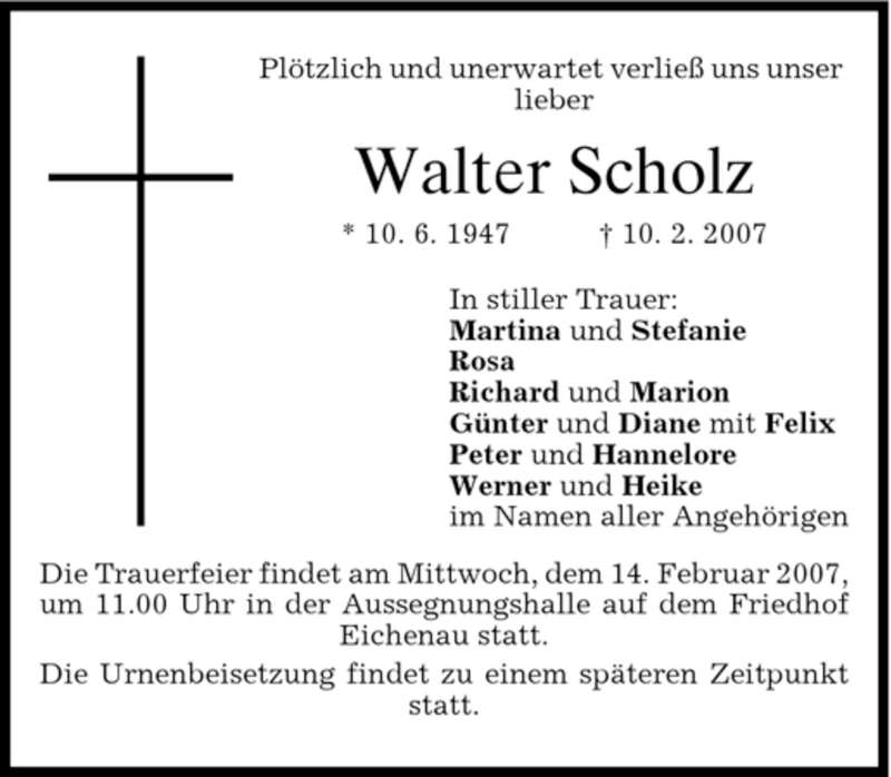  Traueranzeige für Walter Scholz vom 13.02.2007 aus MERKUR & TZ