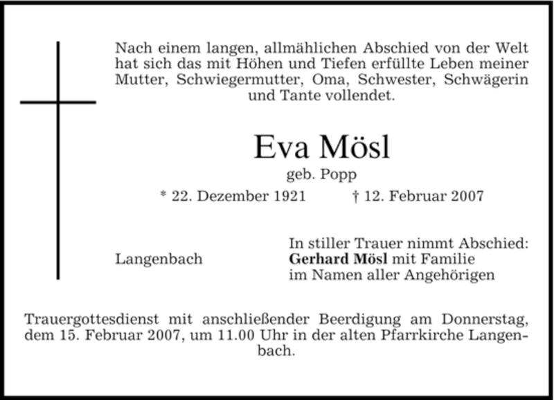  Traueranzeige für Eva Mösl vom 13.02.2007 aus MERKUR & TZ