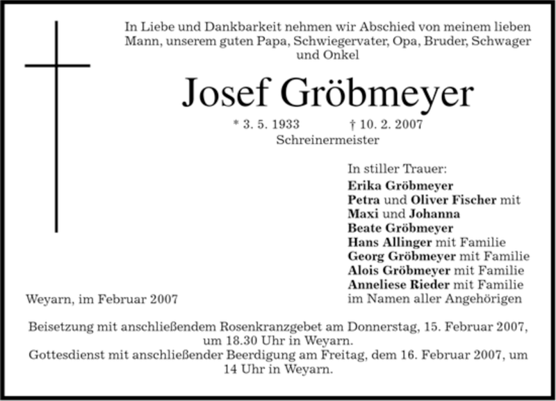  Traueranzeige für Josef Gröbmeyer vom 13.02.2007 aus MERKUR & TZ