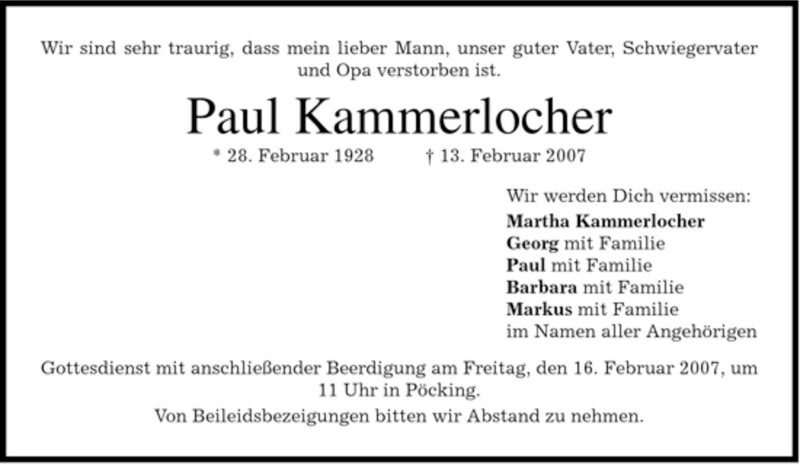 Traueranzeige für Paul Kammerlocher vom 14.02.2007 aus MERKUR & TZ