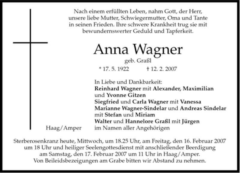  Traueranzeige für Anna Wagner vom 14.02.2007 aus MERKUR & TZ