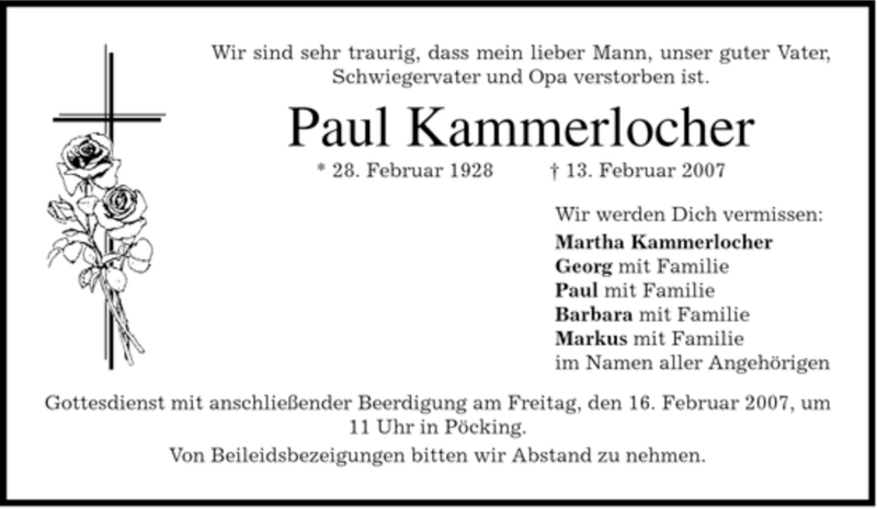  Traueranzeige für Paul Kammerlocher vom 15.02.2007 aus MERKUR & TZ