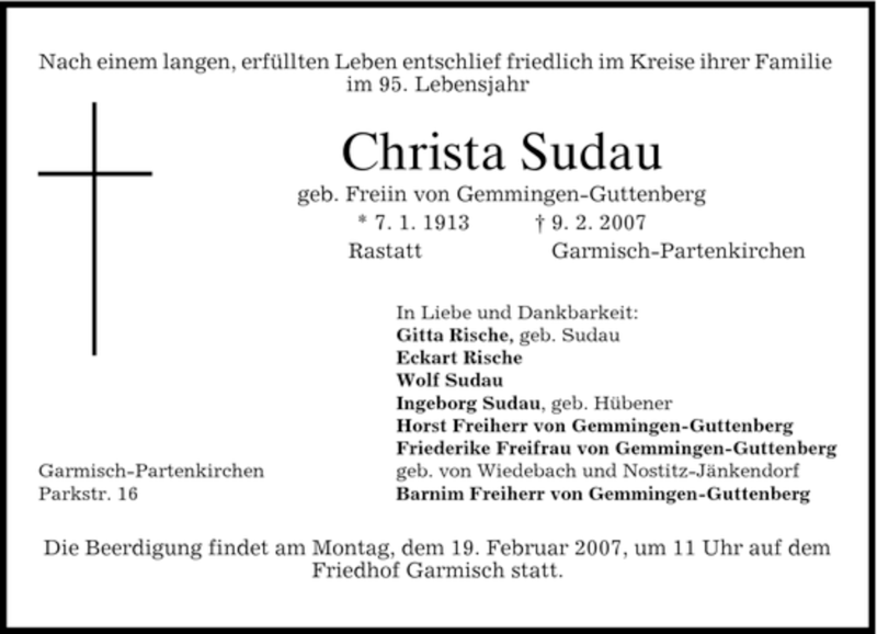  Traueranzeige für Christa Sudau vom 15.02.2007 aus MERKUR & TZ
