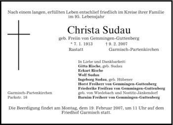 Traueranzeige von Christa Sudau von MERKUR & TZ