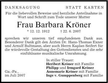 Traueranzeige von Barbara Kröner von MERKUR & TZ