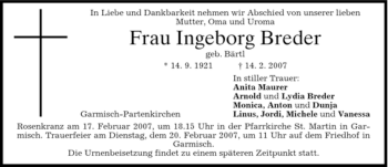 Traueranzeige von Ingeborg Breder von MERKUR & TZ