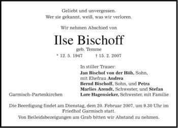 Traueranzeige von Ilse Bischoff von MERKUR & TZ