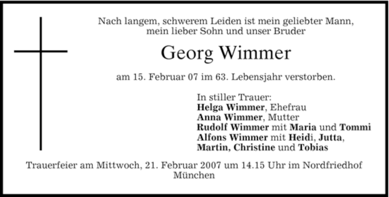  Traueranzeige für Georg Wimmer vom 17.02.2007 aus MERKUR & TZ