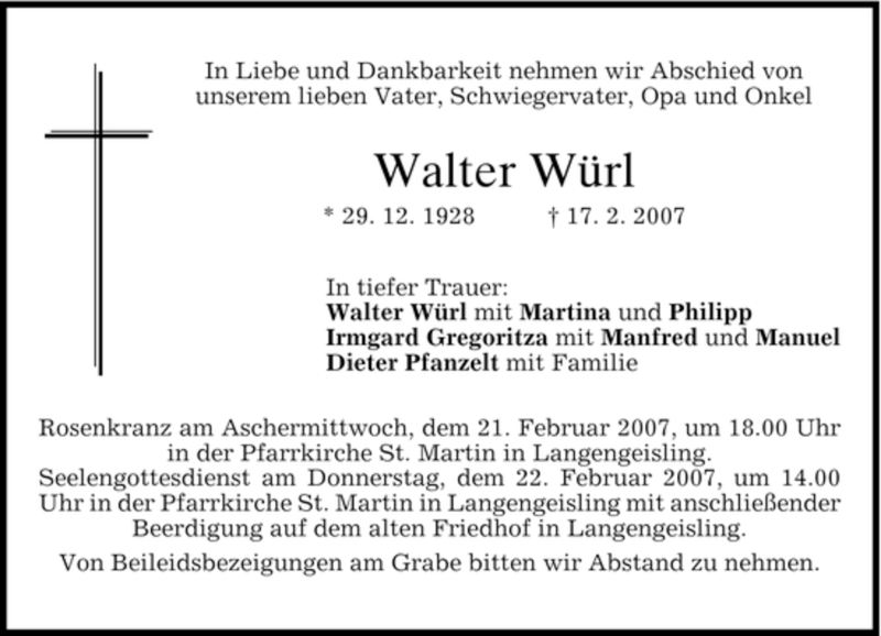  Traueranzeige für Walter Würl vom 20.02.2007 aus MERKUR & TZ