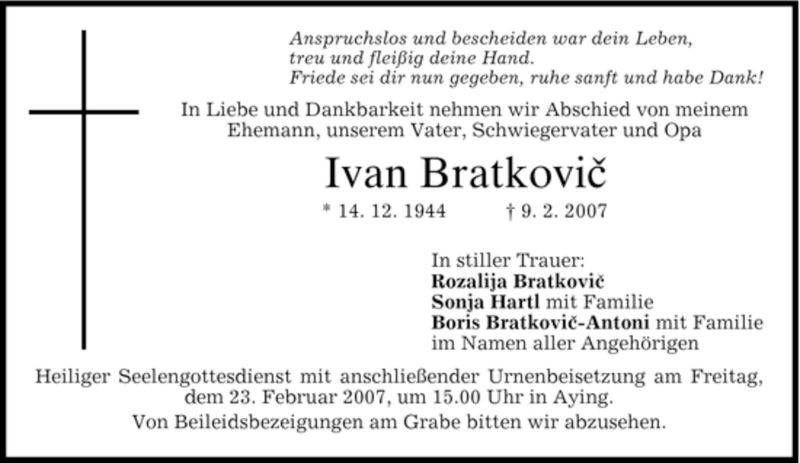  Traueranzeige für Ivan Bratkovic vom 21.02.2007 aus EBERSBERGER ZEITUNG