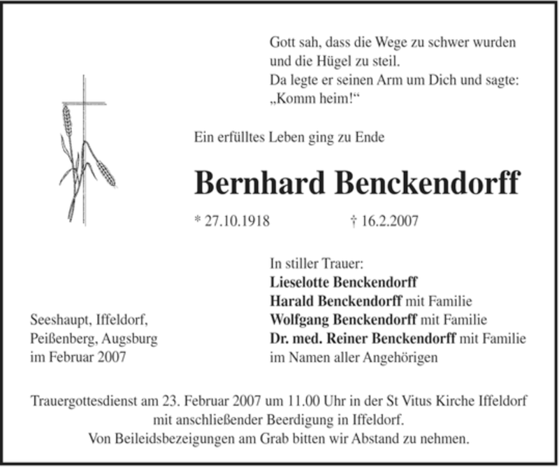  Traueranzeige für Bernhard Benckendorff vom 21.02.2007 aus MERKUR & TZ