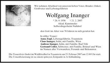 Traueranzeige von Wolfgang Inanger von GARMISCH-PARTENK. TAGBLATT