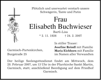 Traueranzeige von Elisabeth Buchwieser von MERKUR & TZ