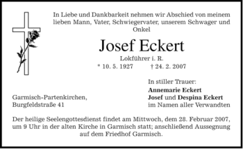 Traueranzeige von Josef Eckert von MERKUR & TZ