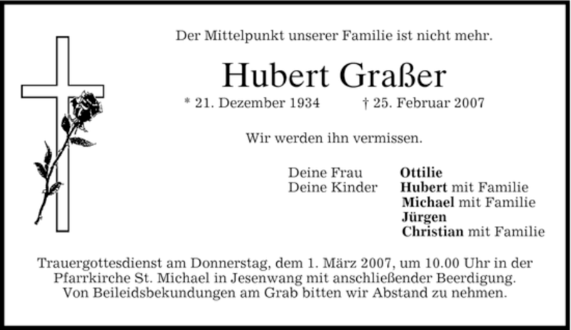  Traueranzeige für Hubert Graßer vom 27.02.2007 aus MERKUR & TZ