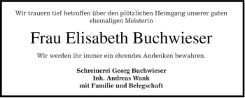 Traueranzeige von Elisabeth Buchwieser von MERKUR & TZ