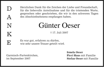 Traueranzeige von Günter Oeser von MERKUR & TZ