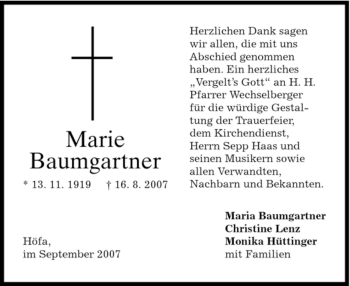 Traueranzeige von Marie Baumgartner von HOLZKIRCHENER MERKUR