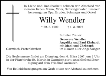 Traueranzeige von Willy Wendler von MERKUR & TZ