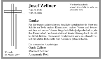 Traueranzeige von Josef Zellner von MERKUR & TZ