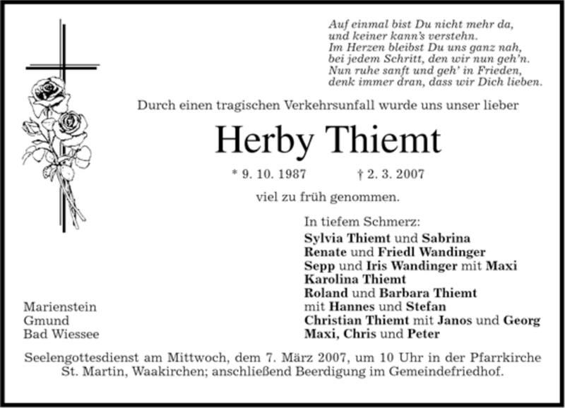  Traueranzeige für Herby Thiemt vom 06.03.2007 aus MERKUR & TZ