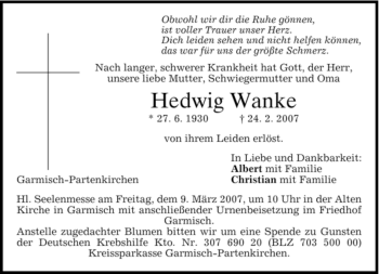 Traueranzeige von Hedwig Wanke von MERKUR & TZ