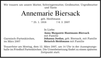 Traueranzeige von Annemarie Biersack von MERKUR & TZ