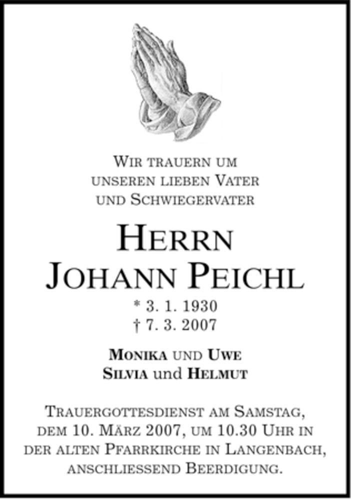  Traueranzeige für Johann Peichl vom 09.03.2007 aus MERKUR & TZ