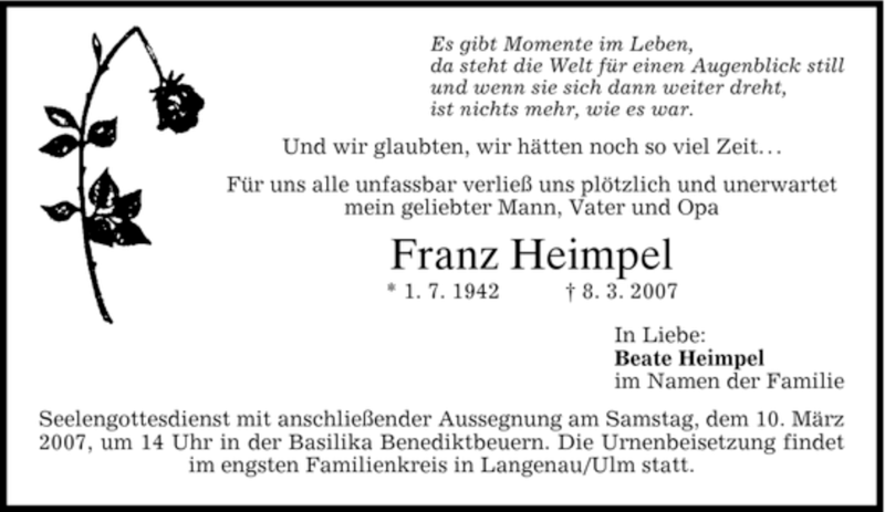  Traueranzeige für Franz Heimpel vom 09.03.2007 aus MERKUR & TZ