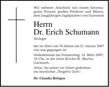 Traueranzeige von Erich Schumann von MERKUR & TZ