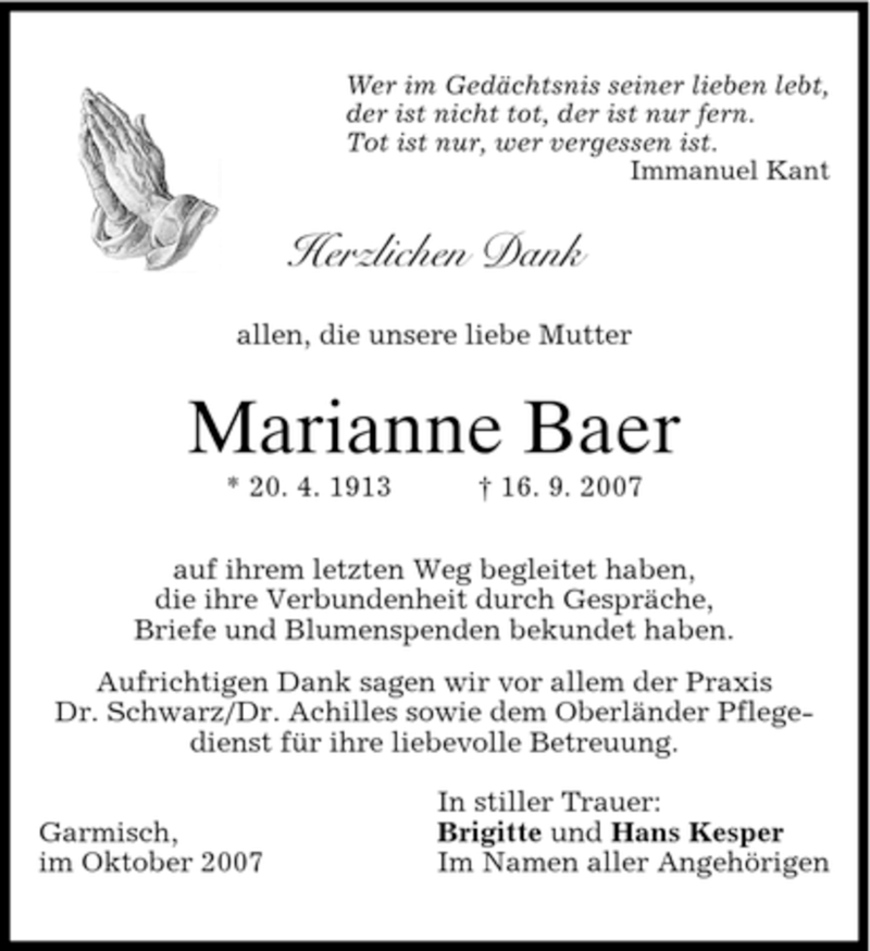  Traueranzeige für Marianne Baer vom 06.10.2007 aus MERKUR & TZ