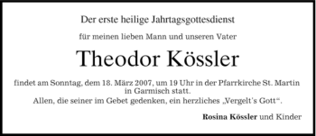 Traueranzeige von Theodor Kössler von MERKUR & TZ