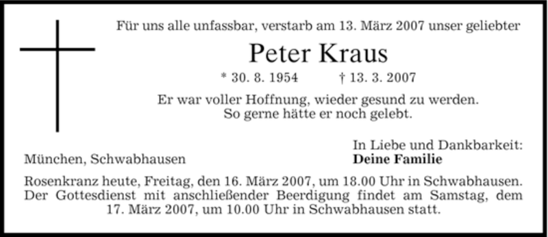  Traueranzeige für Peter Kraus vom 16.03.2007 aus HOLZKIRCHENER MERKUR