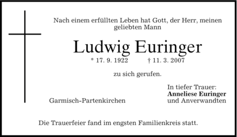  Traueranzeige für Ludwig Euringer vom 17.03.2007 aus MERKUR & TZ